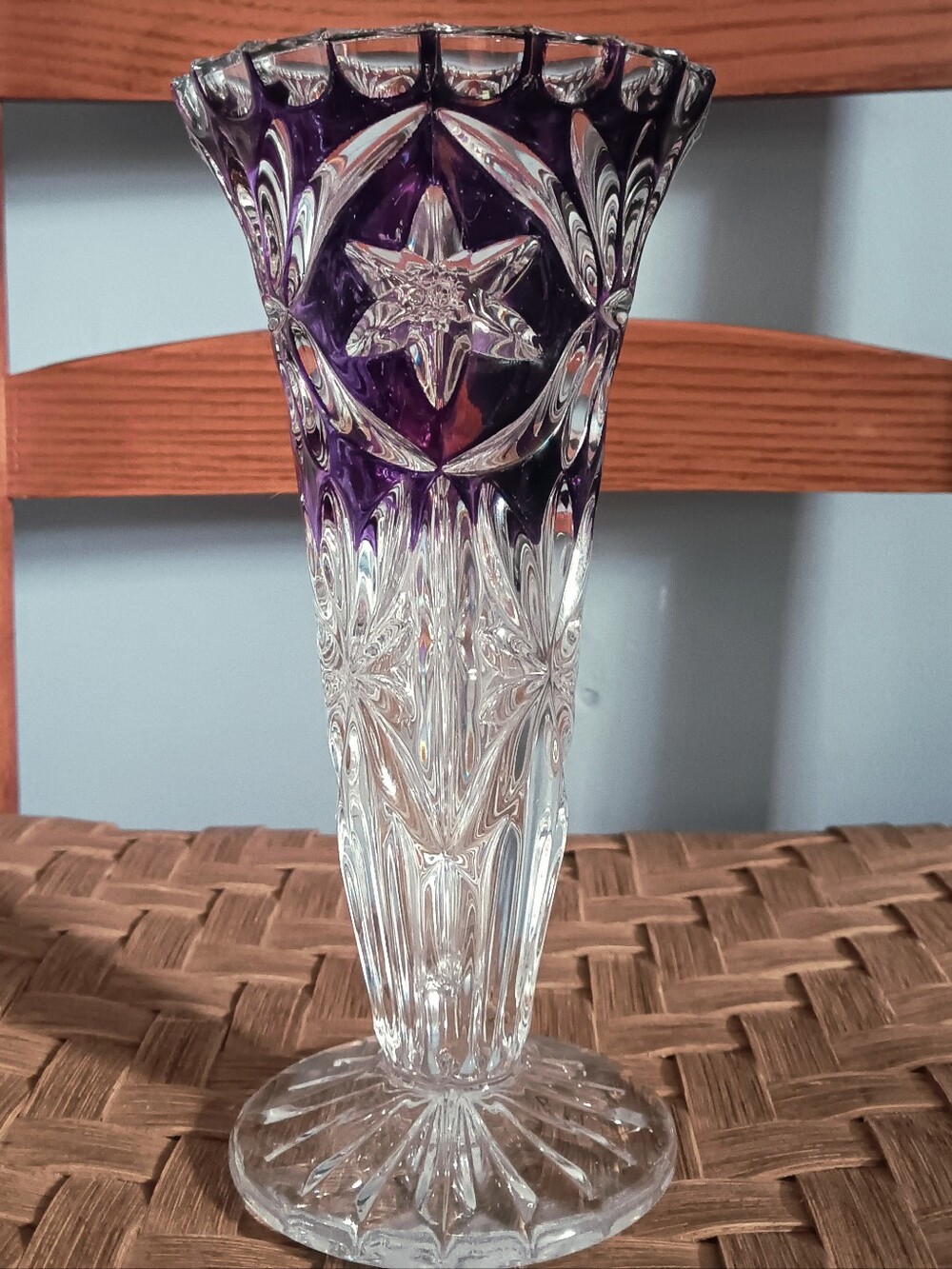 Vintage Heirloom Red Purple Cut To Clear Slender Floral Crystal Art Vase 8"